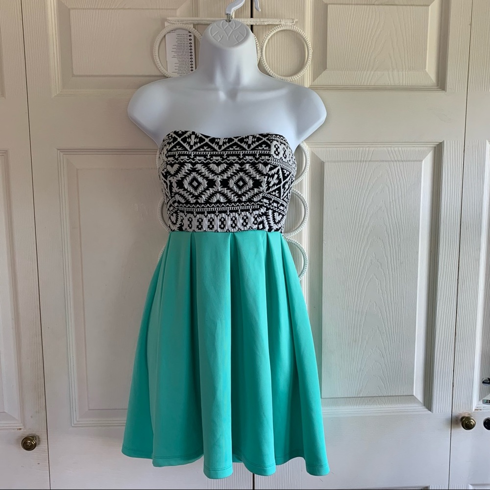 Strapless Black & Turquoise Patterned Fit-and-Flare Dress